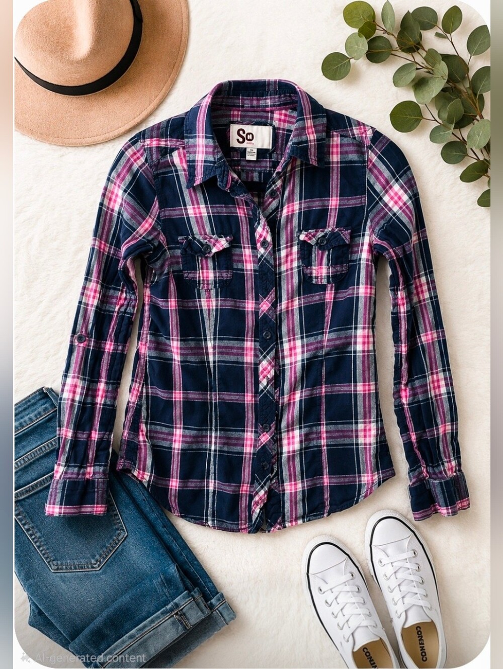 SO® Navy & Pink Plaid Button-Up Shirt | Long Sleeve Flannel Style